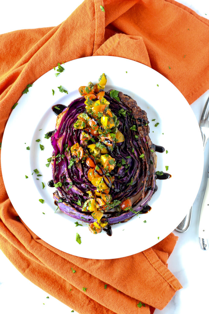 roasted red cabbage with tomato parsley relish