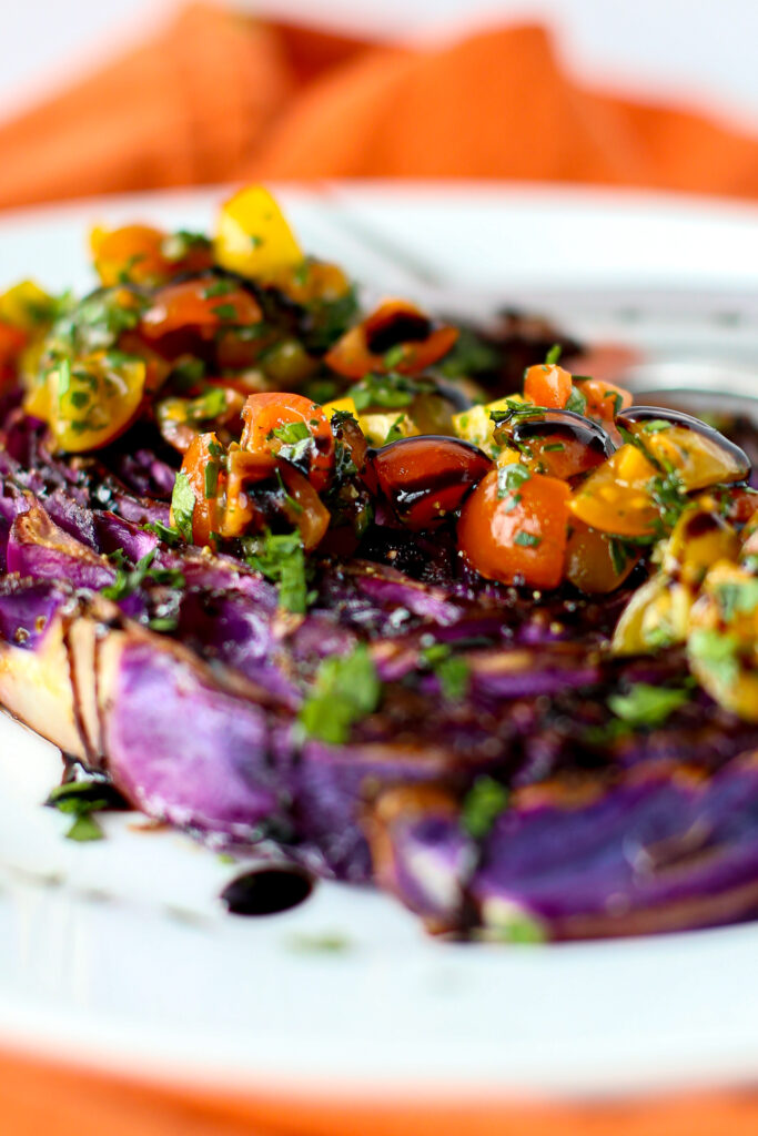 roasted red cabbage with tomato parsley relish